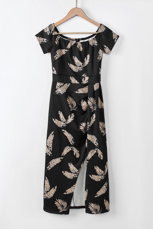 Print Off Shoulder Slit Bodycon Midi Dress